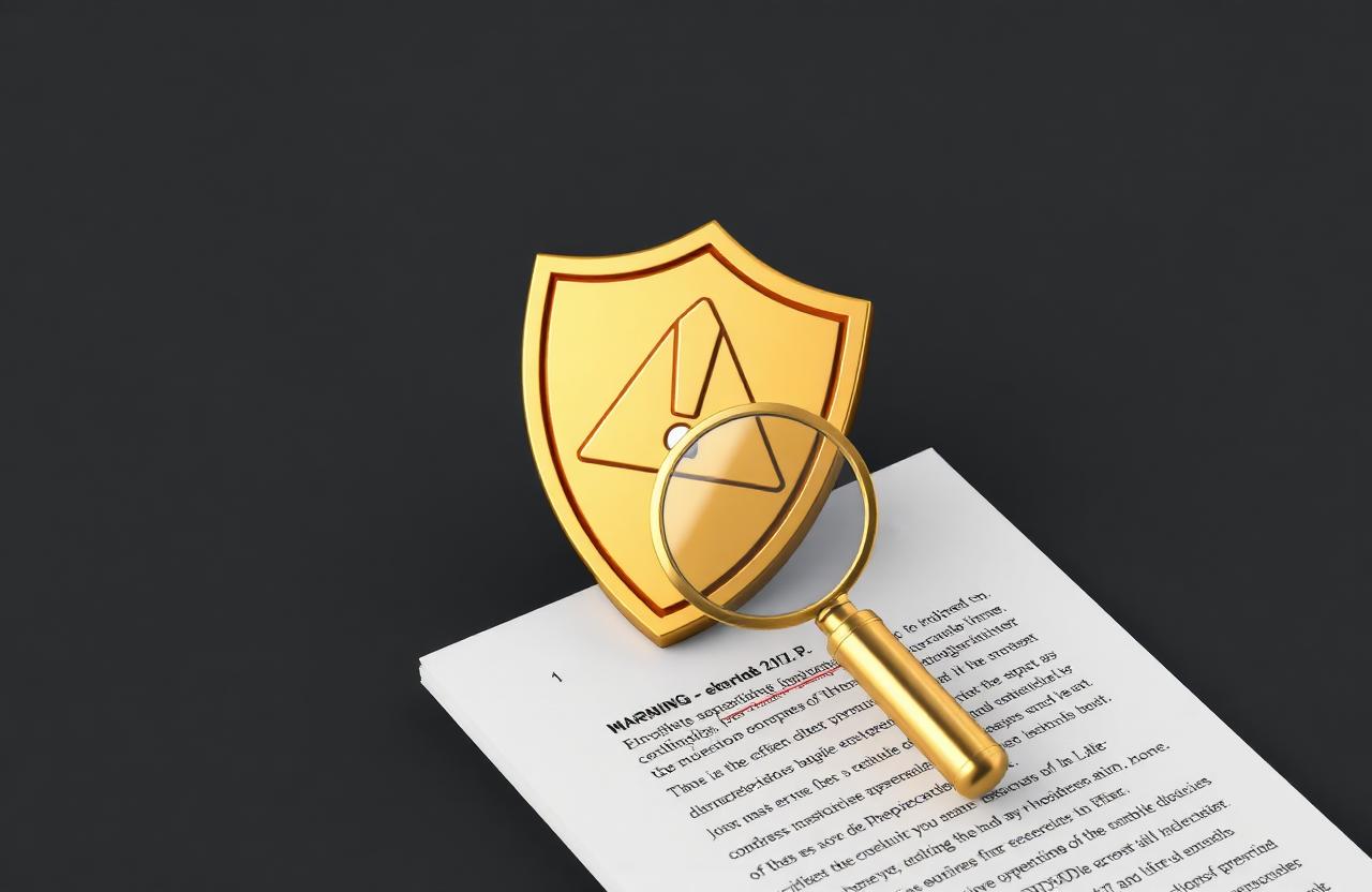 Warning shield and magnifying glass over a document
